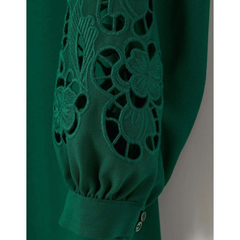 H&M Emerald Green Shift Dress Long Sleeve Floral Eyelet Lace Cut Out Mini Dress - Picture 3 of 3